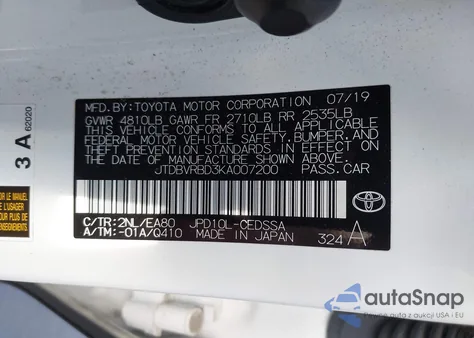 2019 Toyota Mirai z USA, uszkodzony, nr VIN JTDBVRBD3KA007200